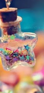 Star-shaped glass bottle with colorful stars and teal background.