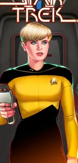 Star Trek character holding a futuristic device in a yellow and black uniform.