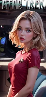 Star Trek themed wallpaper with character in red uniform on spaceship.