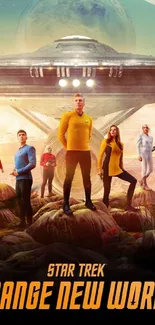 Star Trek Strange New Worlds wallpaper with characters and spaceship.