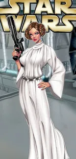 Stylized Princess Leia with blaster in Star Wars themed mobile wallpaper.