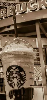 Sepia-tone Starbucks cafe with iced coffee on counter.