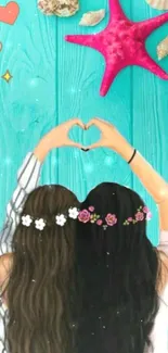 Two friends make a heart shape under a pink starfish on a turquoise background.