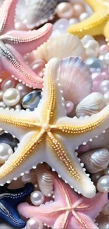 Colorful starfish and seashell mobile wallpaper with a pastel theme.