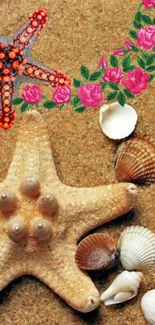 Beach wallpaper with starfish and seashells on sand.