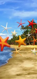 Colorful starfish float above a sunny beach with palm trees.