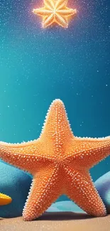 Colorful starfish on a tranquil ocean beach wallpaper.