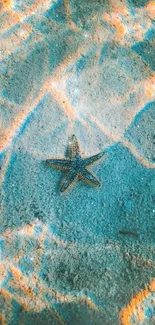 Starfish on sandy beach with cyan hues and sunlight reflections.