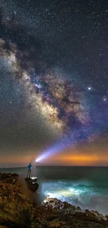 Milky Way galaxy over ocean cliffs at night.