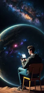 Person sitting against a glowing planet with galaxy in view.