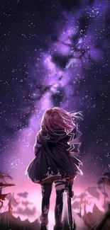 Anime character gazing at starry purple sky.