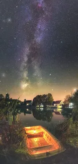 Lakeside boat under starry night sky with Milky Way galaxy.