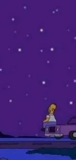 Cartoon character stargazing beneath a purple starry sky on a mobile wallpaper.