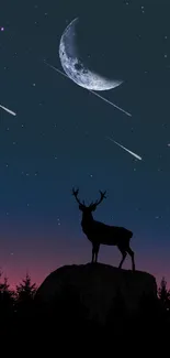 Silhouette of a deer against a starry night sky with a crescent moon.