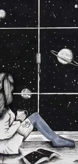 A girl stargazing through a window at the starry night sky with planets visible.