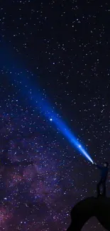 Person with flashlight under a starry night sky.