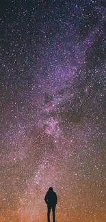 Silhouette beneath a vibrant Milky Way night sky.