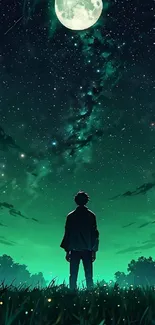 Silhouette under a starry, moonlit sky in a green field.