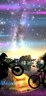 Silhouette of motorbike and bike under galaxy night sky.