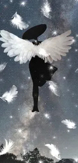 Angel with radiant wings in a starry night sky.