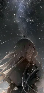 Mystical anime character under a starry sky.