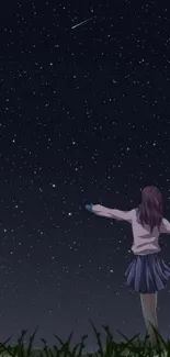 Anime girl under a starlit night sky on mobile wallpaper.