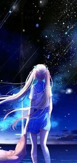 Anime girl stargazing in a serene night sky full of stars.