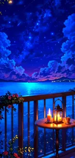 A glowing balcony with starlit night sky and ocean view