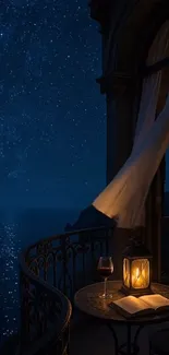 Starlit balcony with open book and wine.