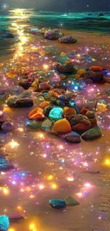 Fantasy beach with glowing stones and shimmering reflections.