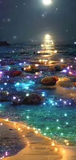 A magical moonlit beach with glowing stars and calm ocean waves.