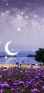 Crescent moon over peaceful beach with purple flowers at night.