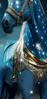 Starlit blue horse fantasy wallpaper with celestial theme.