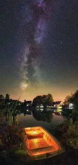 Stunning night sky with Milky Way over a tranquil lake and illuminated boat.