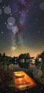 Starlit night sky over a calm lake with a glowing boat in the foreground.