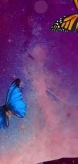 Vibrant butterflies flutter under a star-filled purple sky.