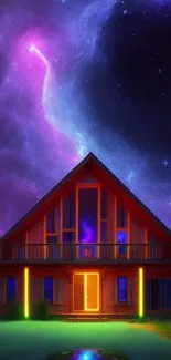 A serene wooden cabin under a vibrant purple galaxy sky.