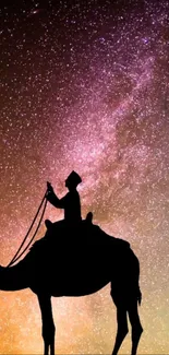 Silhouette of a camel under a starlit galaxy sky.