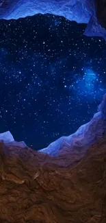 Starry night sky seen through a cave opening.