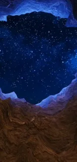 Cave opening view with starlit night sky and galaxy background.