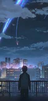 Anime cityscape under starry night sky with vibrant streaking stars.