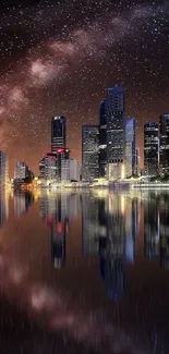 Starry night over cityscape reflecting in calm waters.