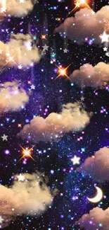 A cosmic night wallpaper with stars, clouds, and a vibrant galaxy.