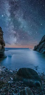 Serene beach under a starry night sky.