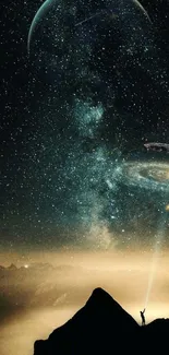 Dark mountain and starry sky with space elements and a glowing atmosphere.