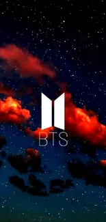 BTS logo on cosmic night sky wallpaper.