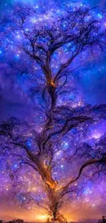 Magical cosmic tree with starlit sky and purple tones reflecting a mystical scene.