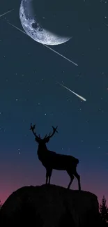 Deer silhouette under moonlit night sky with shooting stars.