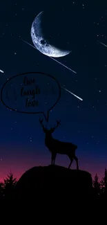 Silhouette of a deer under a starlit sky with a crescent moon and inspiring text.