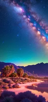 Starry desert night with Milky Way over mountains and cacti, vibrant cosmic scene.